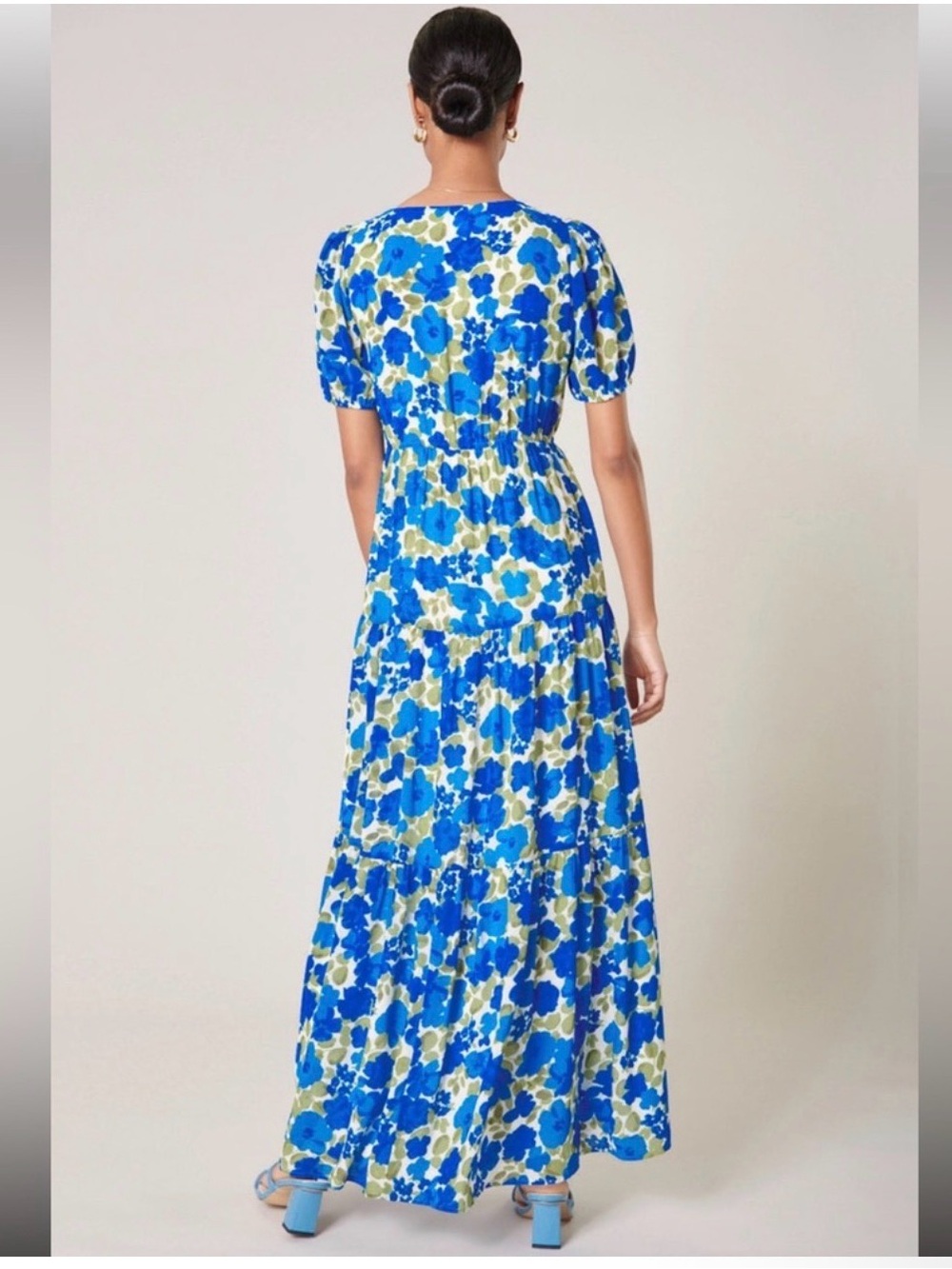 Sugarlips Vibrant Blue, White and Olive Floral Tiered Button Down Maxi Dress XL - Picture 2 of 7